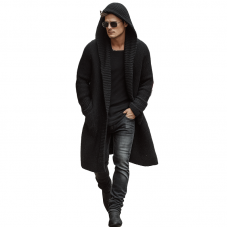 Men's Autumn And Winter Fashion Solid Color Cotton Yarn Knitted Long Hooded Cardigan MTA2378I9P