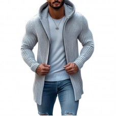 Men's Fashion Hooded Solid Striped Long Sleeve Mid-length Knit Cardigan 36050893Z