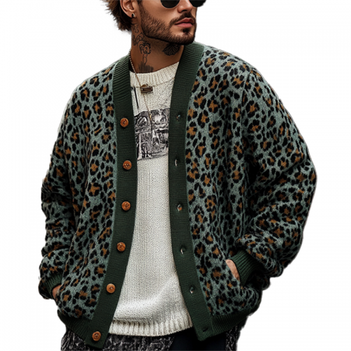 Men's Vintage Leopard Jacquard Colorblock Single Breasted Cardigan 23865460Y Men's Vintage Leopard Jacquard Colorblock Single Breasted Cardigan 23865460Y